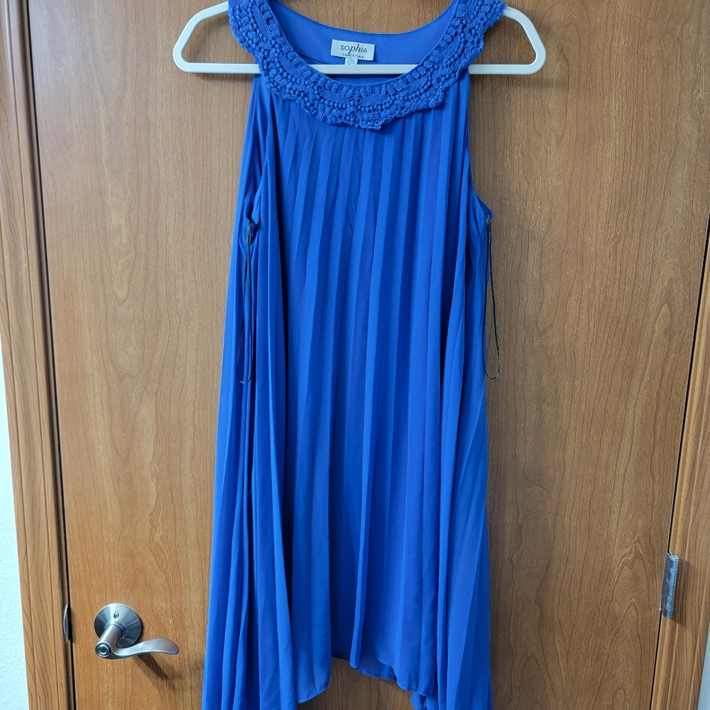 BOGO Sophia Christina Blue Pleated Embroidered Neckline Sleeveless Dress Size 10